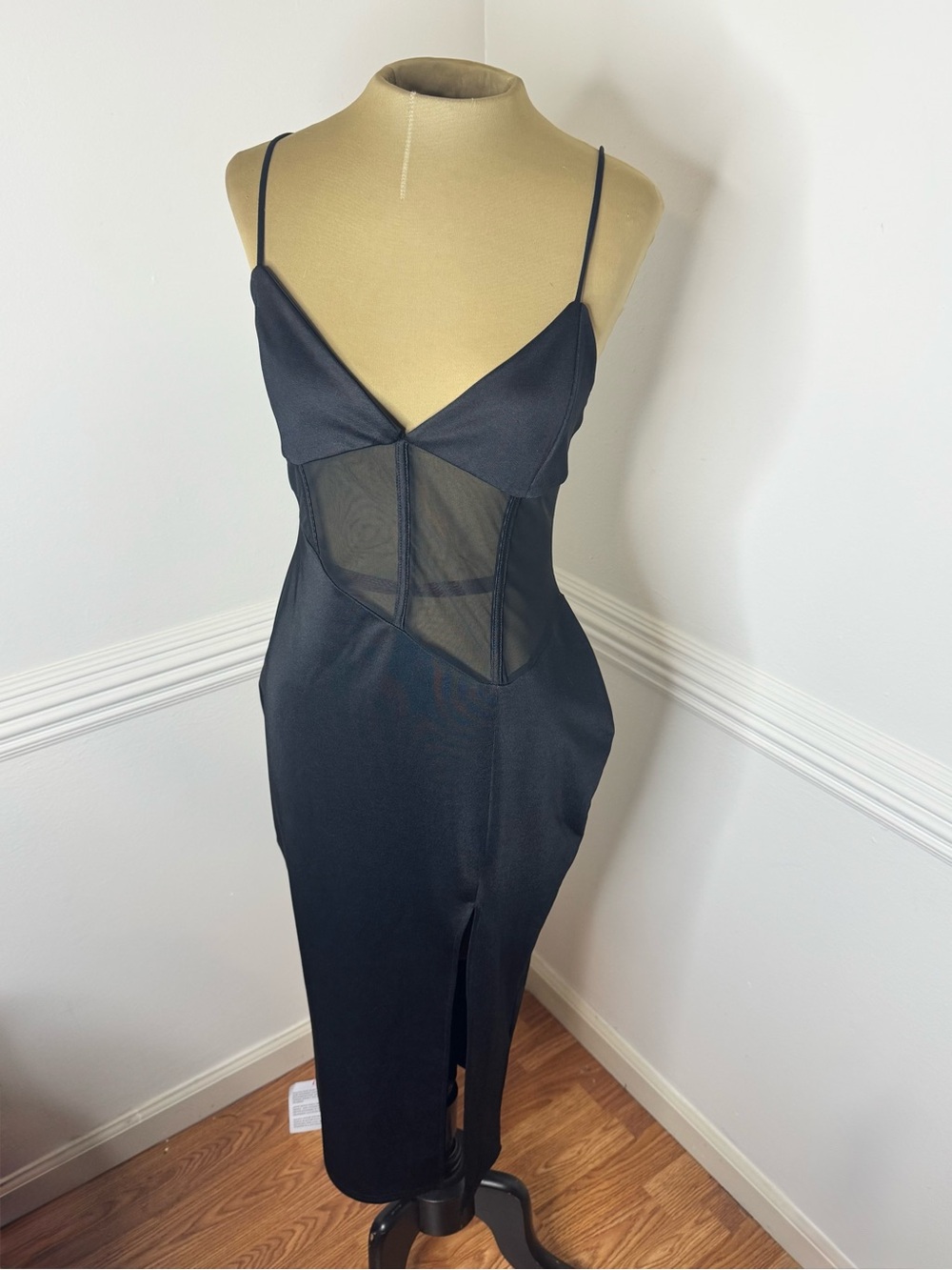 ASOS Black Sheer-Waist Slip Dress with Spaghetti Straps